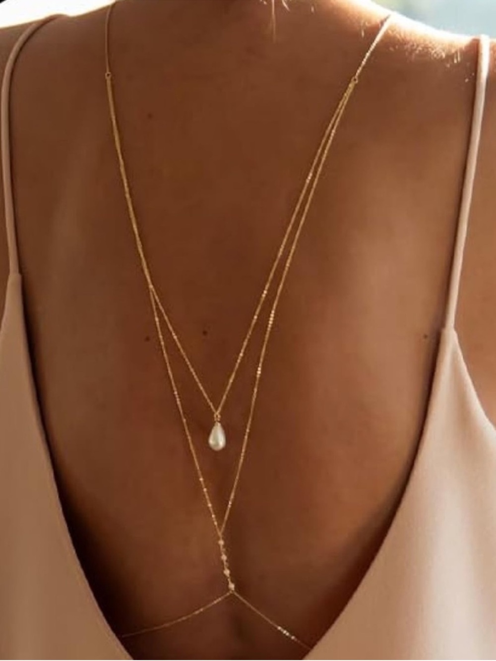 Gold Tone Layered Back Necklace Pearl Drop Body Chain Backless Dress Jewelry